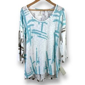 Cubism‎ teal and brown abstract print fabric top NWT size XL